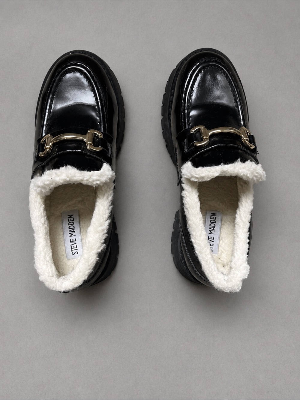 Steve Madden Black Patent Loafers with White Faux Shearling